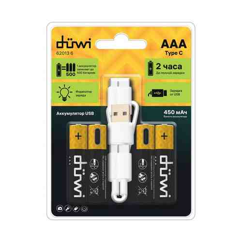 Аккумуляторы DUWI USB-С Li-ion ААА 1,5В 450мАч кабель для зарядки 4шт арт. 1001439161