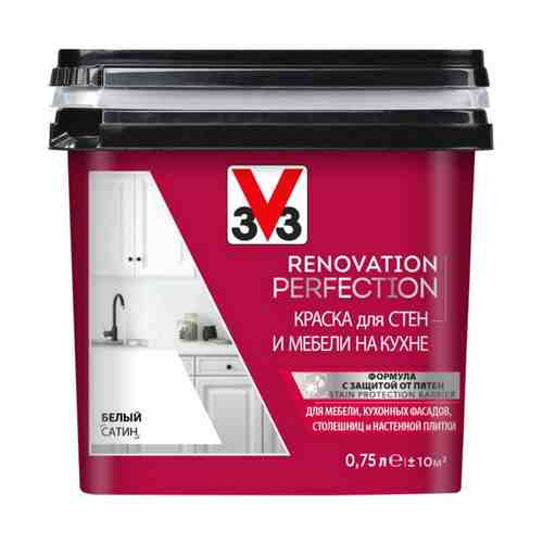 Краска акриловая V33 Renovation Perfection для стен и мебели на кухне 0,75л белая, арт.119698 арт. 1001370871