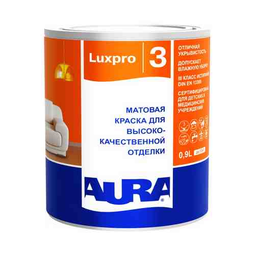 Краска в/д AURA Luxpro 3 база А для стен и потолков 0,9л белая, арт.4607003915049 арт. 1000977688